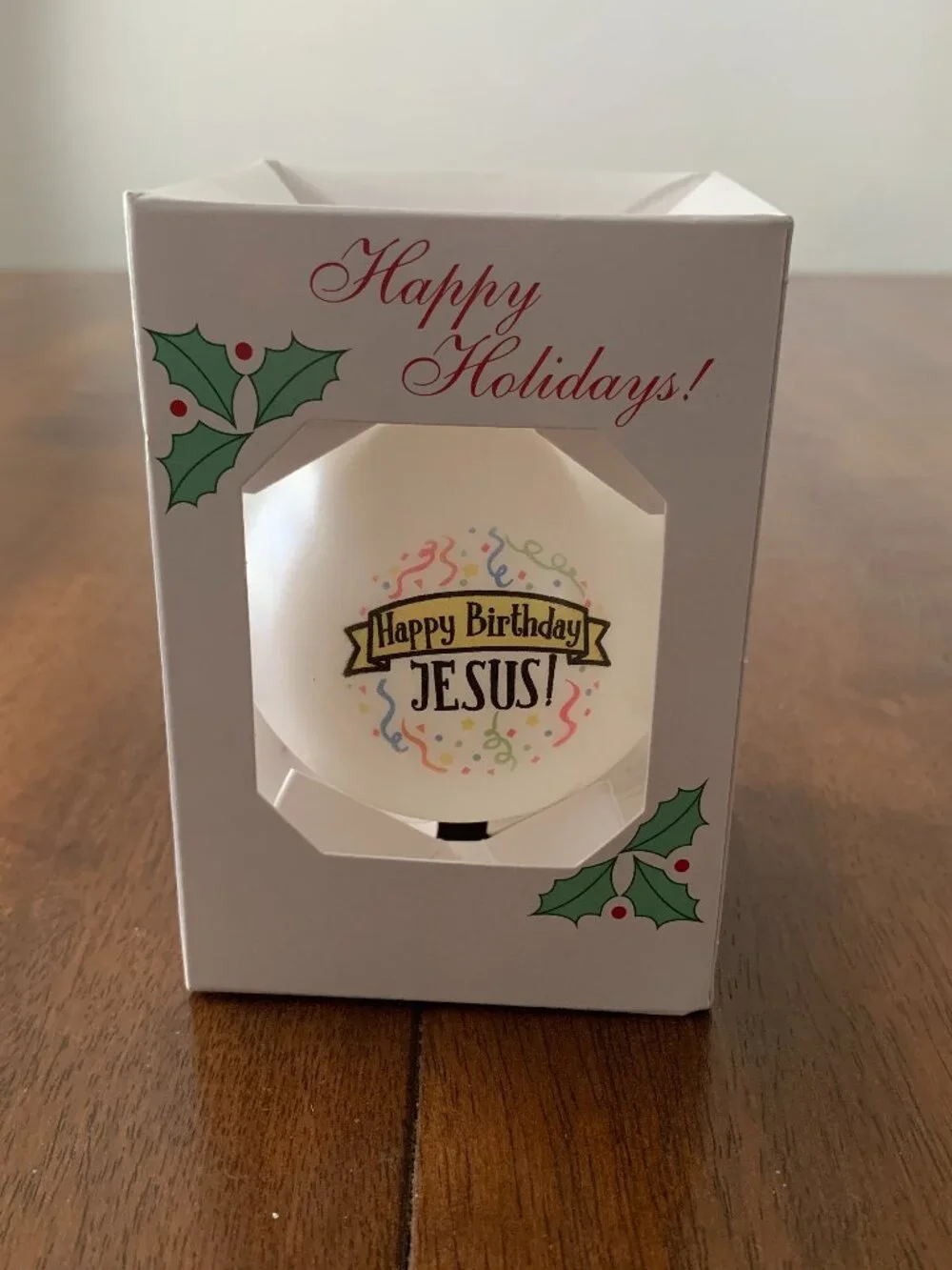 Happy Birthday Jesus Glass Christmas Ornament White Round Festive Confetti Boxe